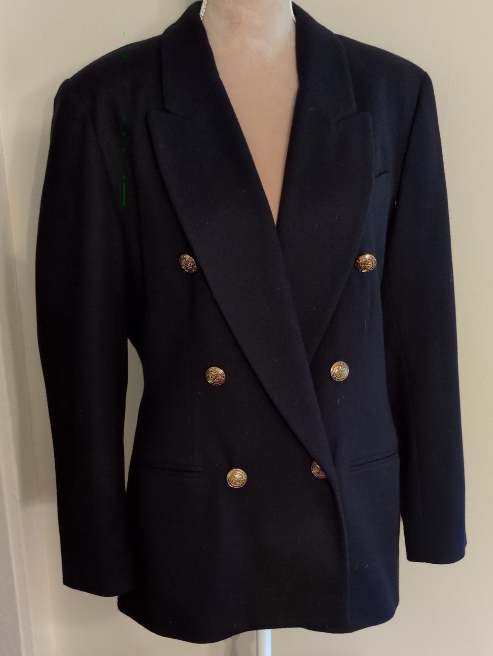 Classic Women's Double-Breasted Navy Blazer with Gold Buttons, Size 14